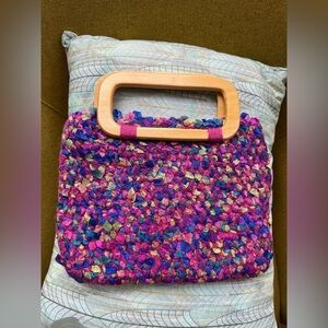 Handcrafted Multicolor felted wool and ribbon Satchel with Wooden Handle